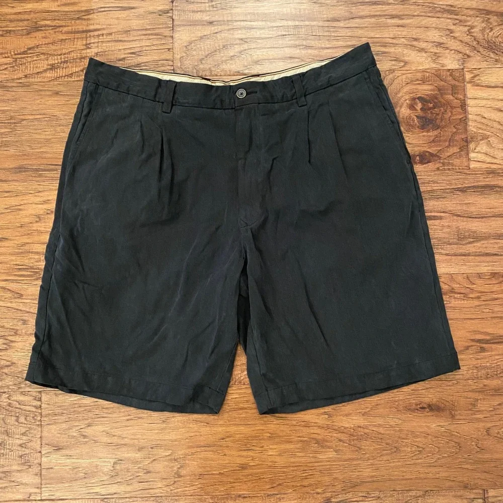 Tommy Bahama Pleated Shorts Mens 38 Black Silk Bamboo Blend Herringbone Luxury